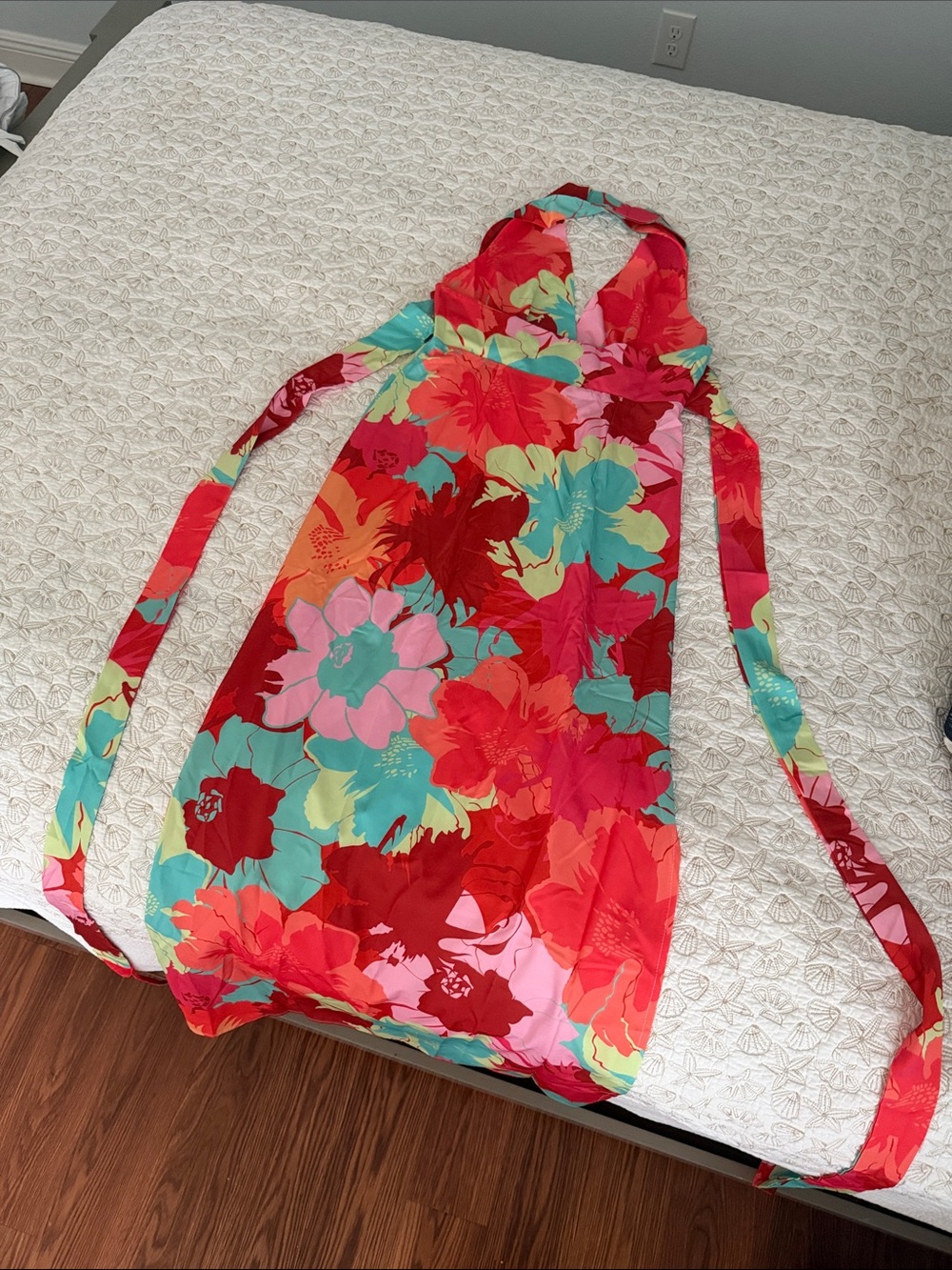 Vibrant Floral Halter Dress in Coral, Teal & Pink